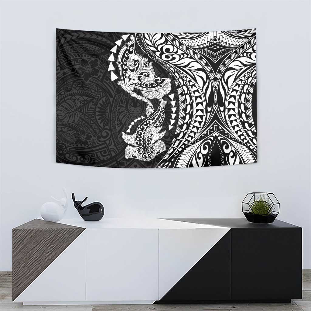 Hawaiian Manta Ray and Hammerhead Shark Tribal Tattoo Tapestry with Polynesian Tribal Pattern Black-White Color