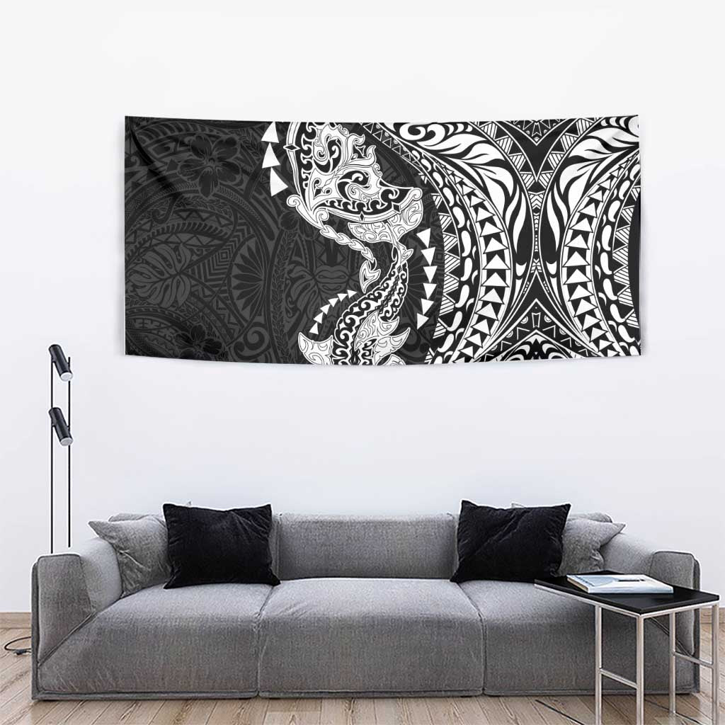 Hawaiian Manta Ray and Hammerhead Shark Tribal Tattoo Tapestry with Polynesian Tribal Pattern Black-White Color