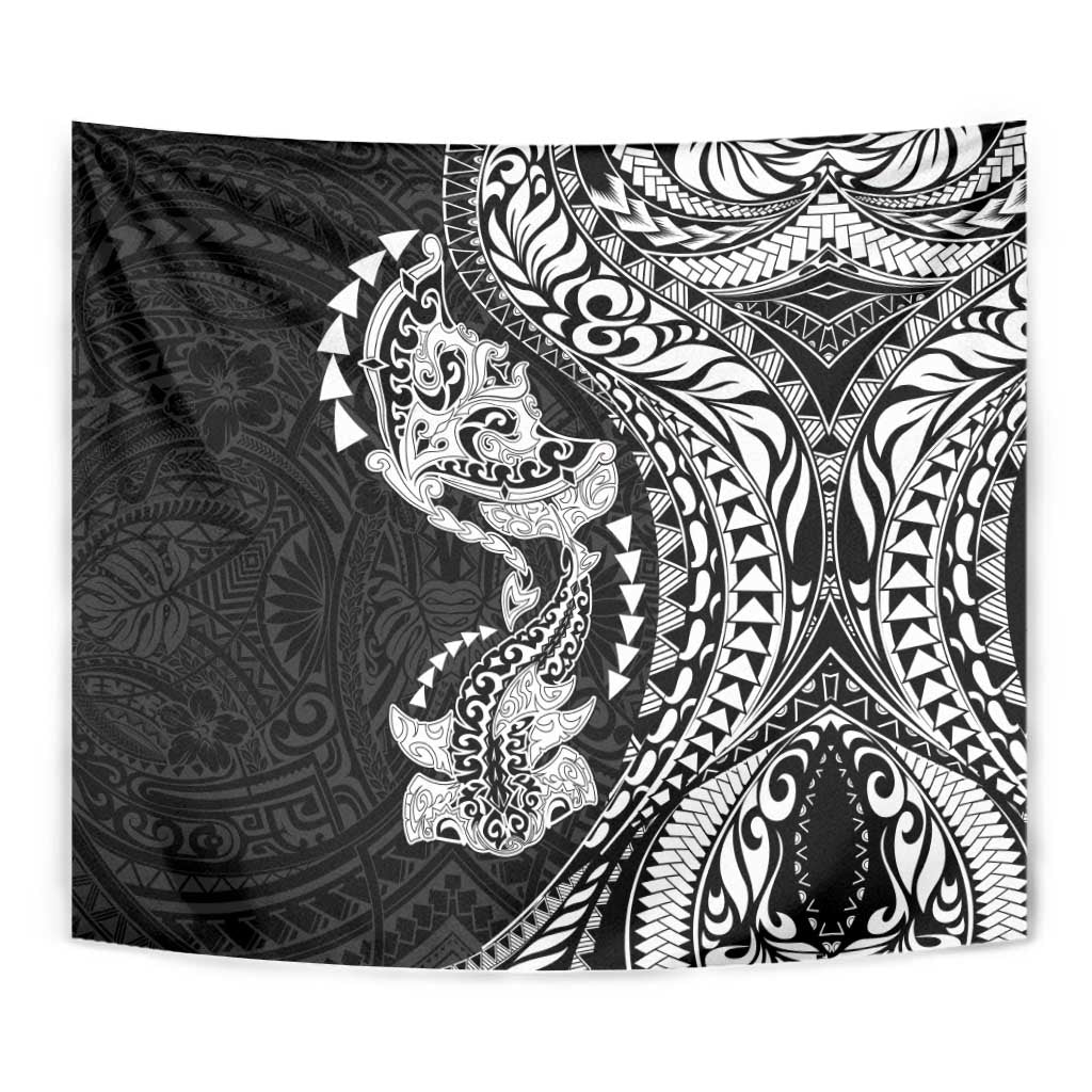 Hawaiian Manta Ray and Hammerhead Shark Tribal Tattoo Tapestry with Polynesian Tribal Pattern Black-White Color
