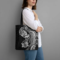 Hawaiian Manta Ray and Hammerhead Shark Tribal Tattoo Tote Bag with Polynesian Tribal Pattern Black-White Color