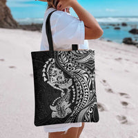 Hawaiian Manta Ray and Hammerhead Shark Tribal Tattoo Tote Bag with Polynesian Tribal Pattern Black-White Color