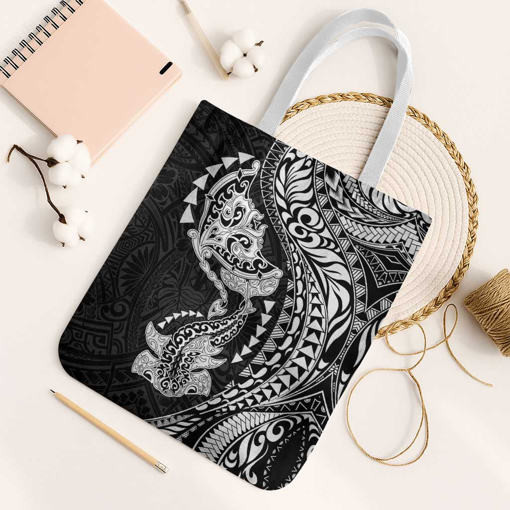 Hawaiian Manta Ray and Hammerhead Shark Tribal Tattoo Tote Bag with Polynesian Tribal Pattern Black-White Color