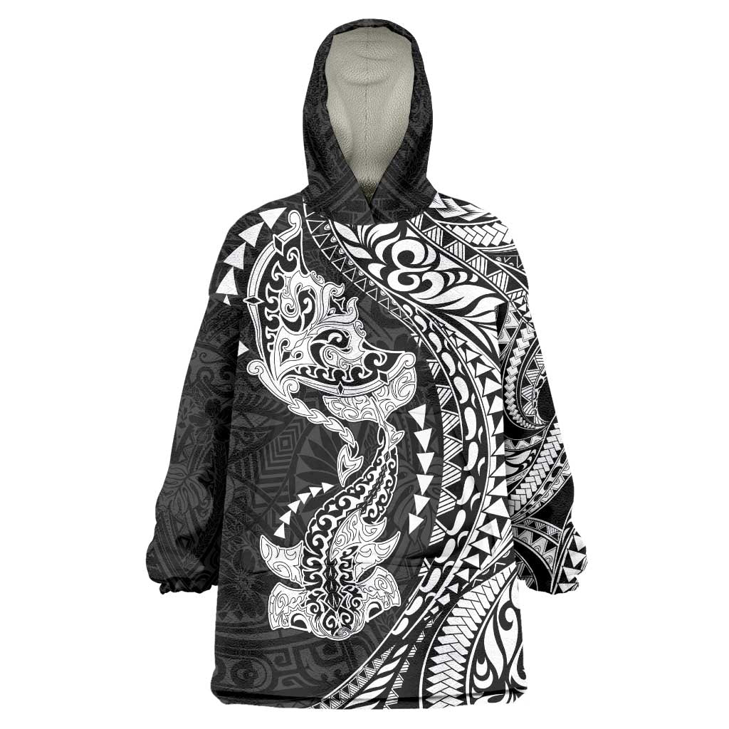 Hawaiian Manta Ray and Hammerhead Shark Tribal Tattoo Wearable Blanket Hoodie with Polynesian Tribal Pattern Black-White Color
