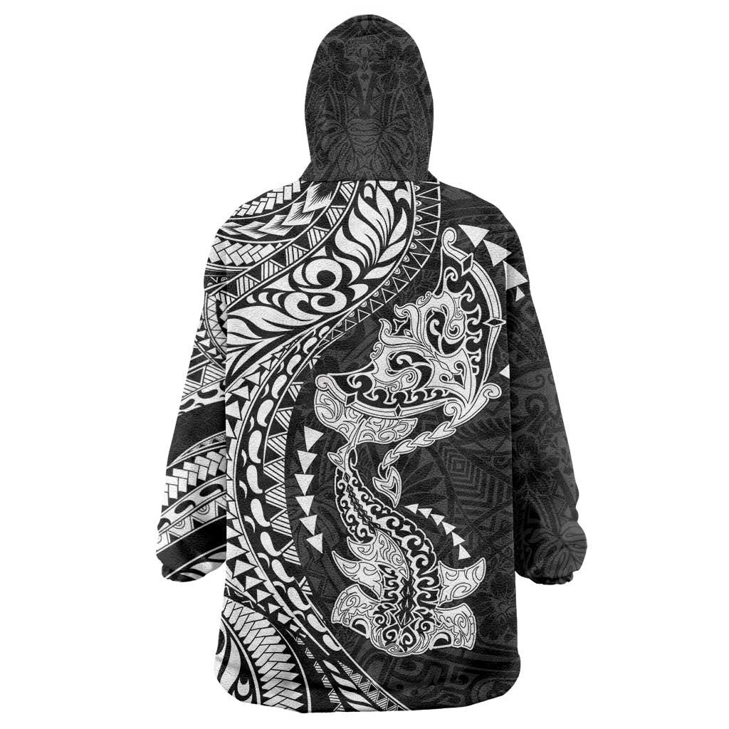 Hawaiian Manta Ray and Hammerhead Shark Tribal Tattoo Wearable Blanket Hoodie with Polynesian Tribal Pattern Black-White Color