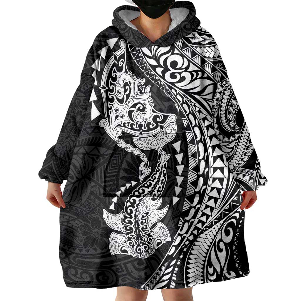 Hawaiian Manta Ray and Hammerhead Shark Tribal Tattoo Wearable Blanket Hoodie with Polynesian Tribal Pattern Black-White Color
