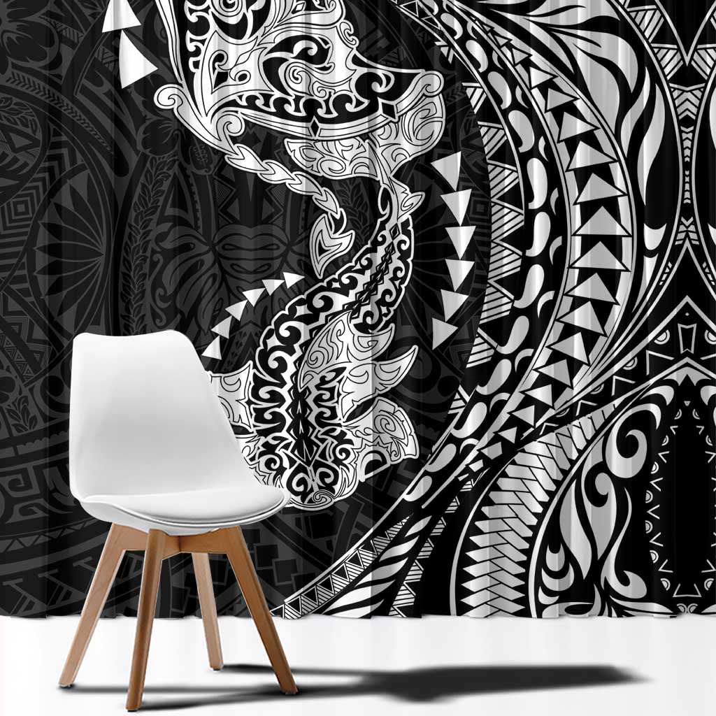 Hawaiian Manta Ray and Hammerhead Shark Tribal Tattoo Window Curtain with Polynesian Tribal Pattern Black-White Color