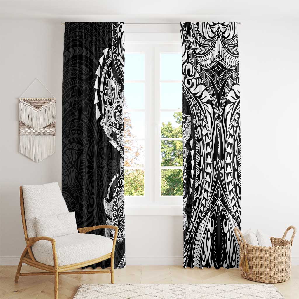 Hawaiian Manta Ray and Hammerhead Shark Tribal Tattoo Window Curtain with Polynesian Tribal Pattern Black-White Color