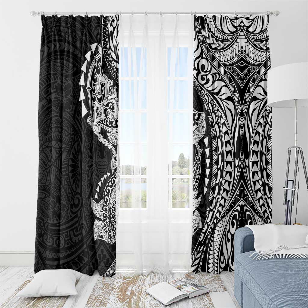Hawaiian Manta Ray and Hammerhead Shark Tribal Tattoo Window Curtain with Polynesian Tribal Pattern Black-White Color