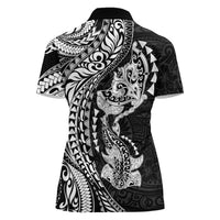 Hawaiian Manta Ray and Hammerhead Shark Tribal Tattoo Women Polo Shirt with Polynesian Tribal Pattern Black-White Color LT03 - Polynesian Pride