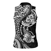 Hawaiian Manta Ray and Hammerhead Shark Tribal Tattoo Women Sleeveless Polo Shirt with Polynesian Tribal Pattern Black-White Color LT03 - Polynesian Pride