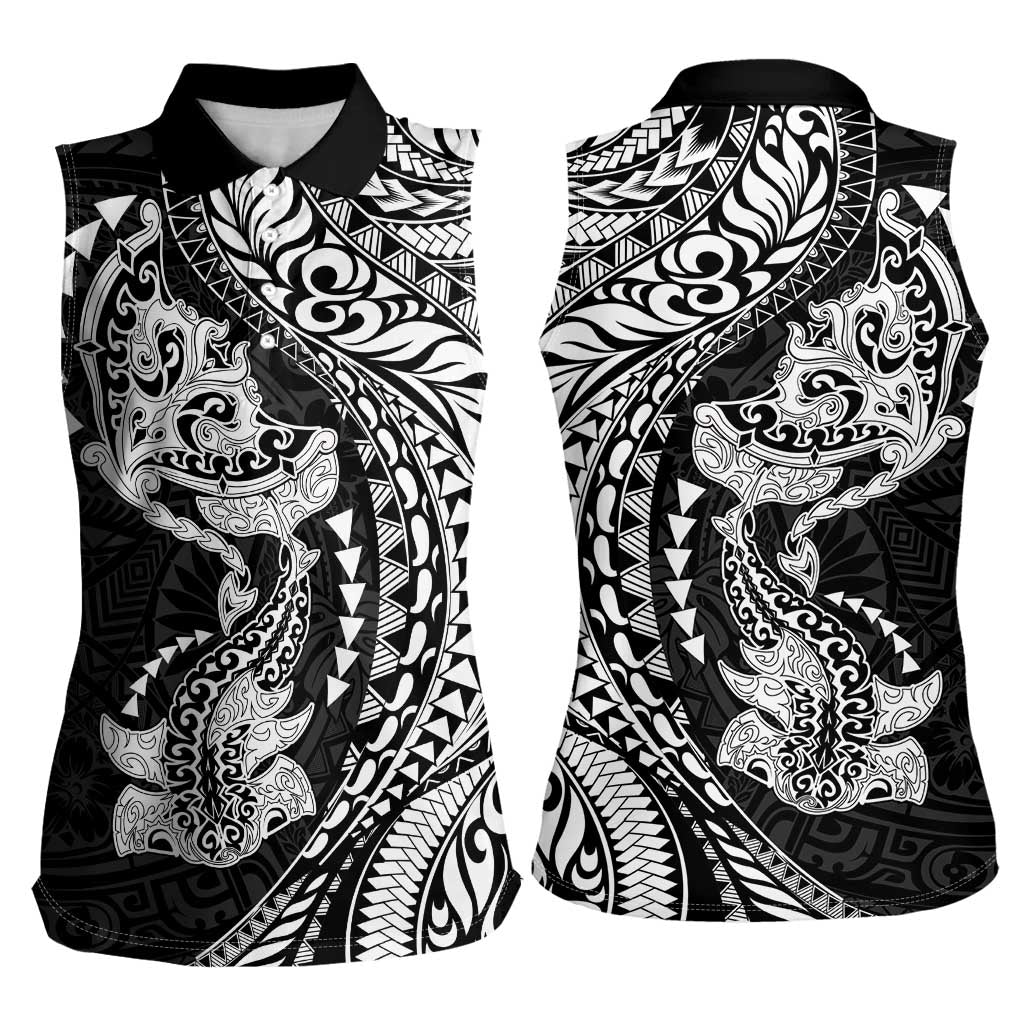 Hawaiian Manta Ray and Hammerhead Shark Tribal Tattoo Women Sleeveless Polo Shirt with Polynesian Tribal Pattern Black-White Color LT03 - Polynesian Pride