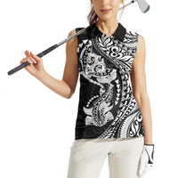 Hawaiian Manta Ray and Hammerhead Shark Tribal Tattoo Women Sleeveless Polo Shirt with Polynesian Tribal Pattern Black-White Color LT03 - Polynesian Pride