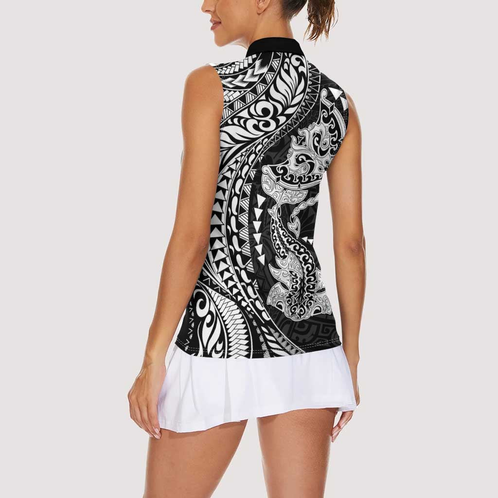 Hawaiian Manta Ray and Hammerhead Shark Tribal Tattoo Women Sleeveless Polo Shirt with Polynesian Tribal Pattern Black-White Color LT03 - Polynesian Pride