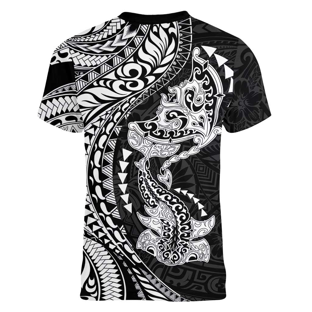 Hawaiian Manta Ray and Hammerhead Shark Tribal Tattoo Women V-Neck T-Shirt with Polynesian Tribal Pattern Black-White Color LT03 - Polynesian Pride