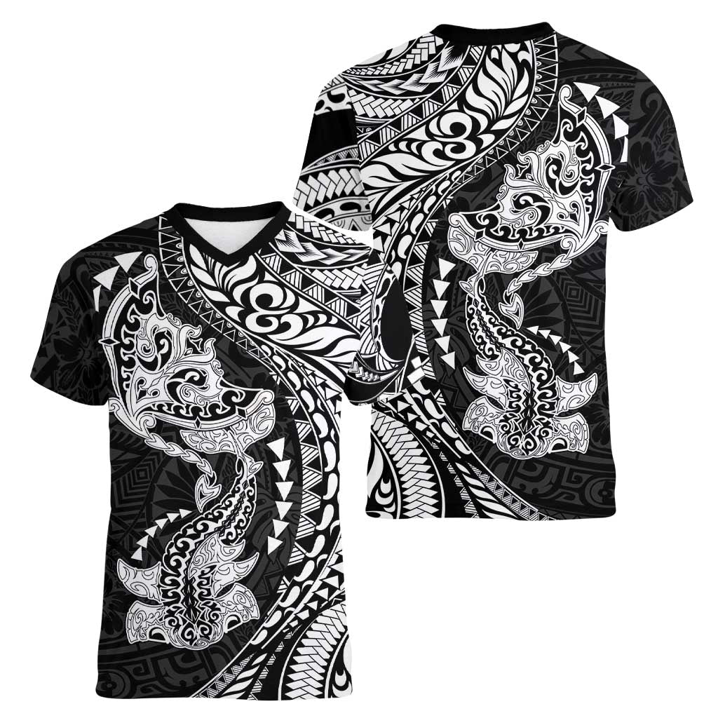 Hawaiian Manta Ray and Hammerhead Shark Tribal Tattoo Women V-Neck T-Shirt with Polynesian Tribal Pattern Black-White Color LT03 - Polynesian Pride