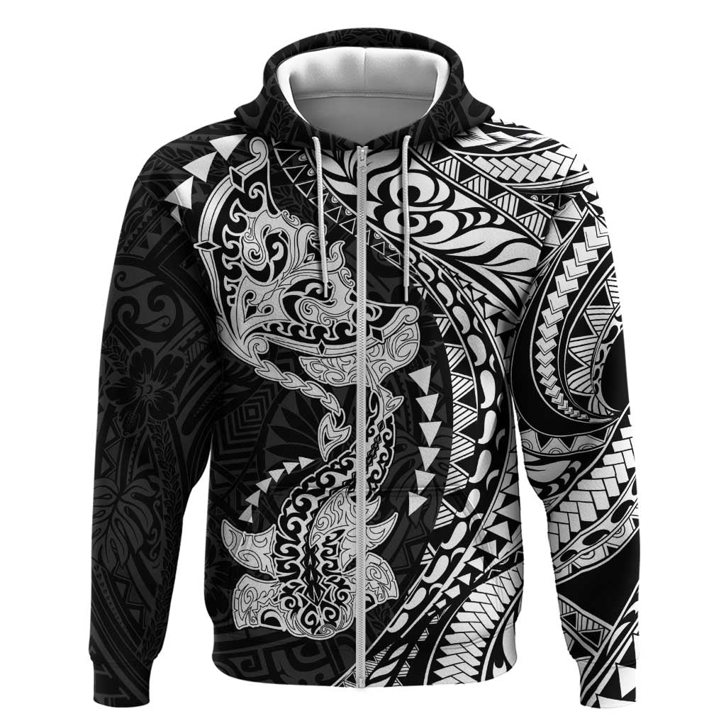 Hawaiian Manta Ray and Hammerhead Shark Tribal Tattoo Zip Hoodie with Polynesian Tribal Pattern Black-White Color