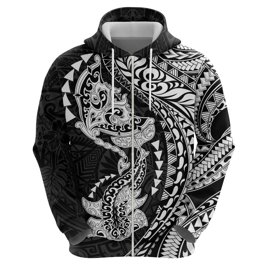 Hawaiian Manta Ray and Hammerhead Shark Tribal Tattoo Zip Hoodie with Polynesian Tribal Pattern Black-White Color
