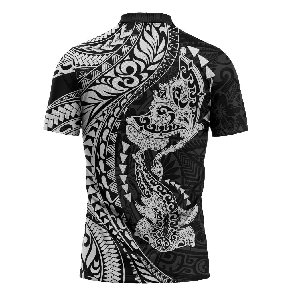 Hawaiian Manta Ray and Hammerhead Shark Tribal Tattoo Zipper Polo Shirt with Polynesian Tribal Pattern Black-White Color