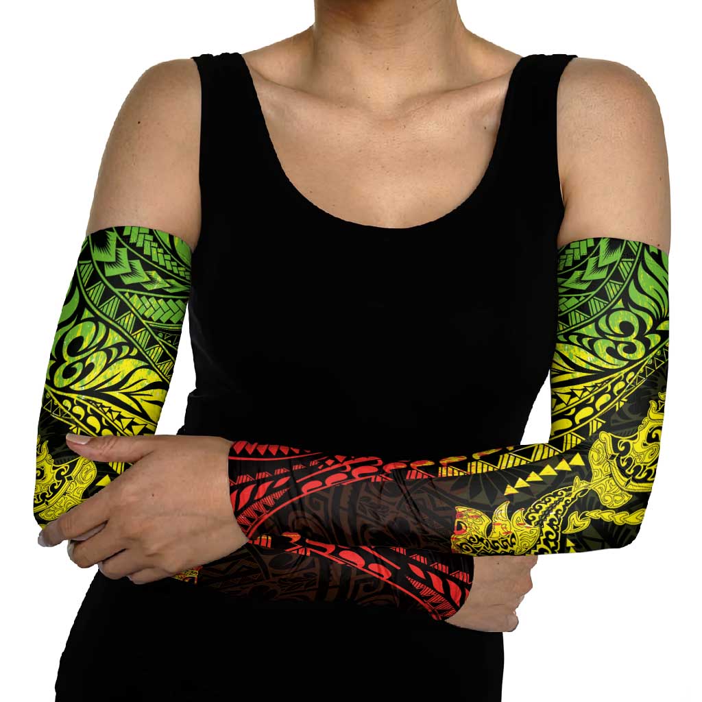Hawaiian Manta Ray and Hammerhead Shark Tribal Tattoo Arm Sleeves with Polynesian Tribal Pattern Reggae Style