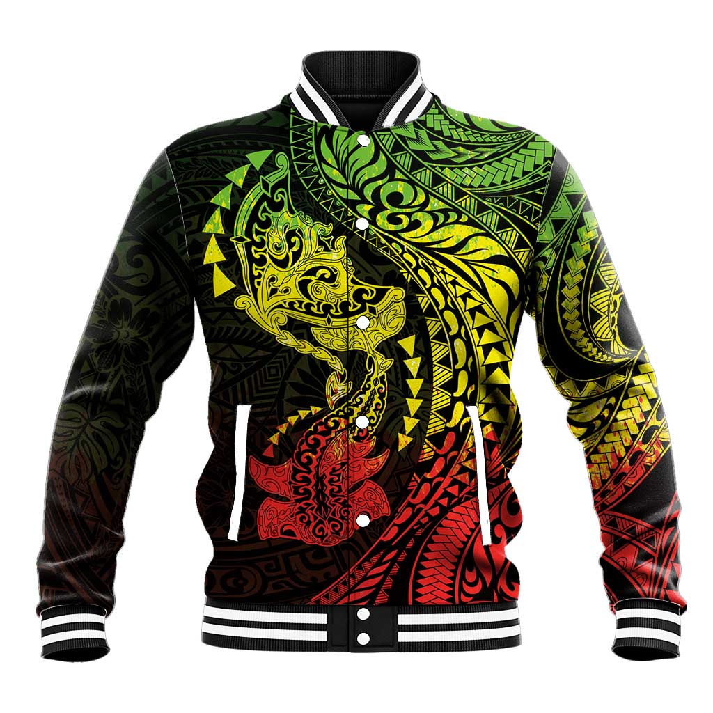 Hawaiian Manta Ray and Hammerhead Shark Tribal Tattoo Baseball Jacket with Polynesian Tribal Pattern Reggae Style