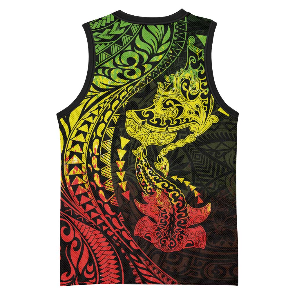 Hawaiian Manta Ray and Hammerhead Shark Tribal Tattoo Basketball Jersey with Polynesian Tribal Pattern Reggae Style