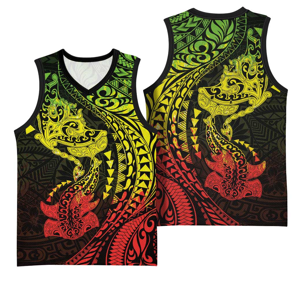 Hawaiian Manta Ray and Hammerhead Shark Tribal Tattoo Basketball Jersey with Polynesian Tribal Pattern Reggae Style