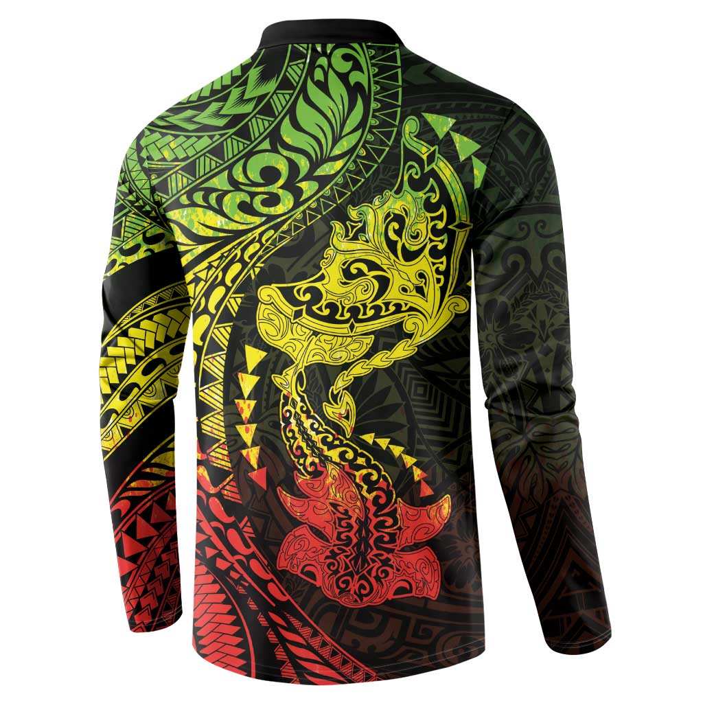 Hawaiian Manta Ray and Hammerhead Shark Tribal Tattoo Button Sweatshirt with Polynesian Tribal Pattern Reggae Style