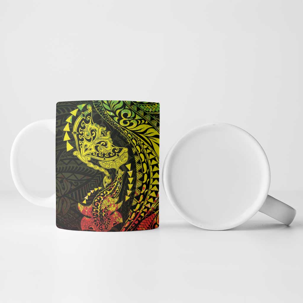 Hawaiian Manta Ray and Hammerhead Shark Tribal Tattoo Ceramic Mug with Polynesian Tribal Pattern Reggae Style