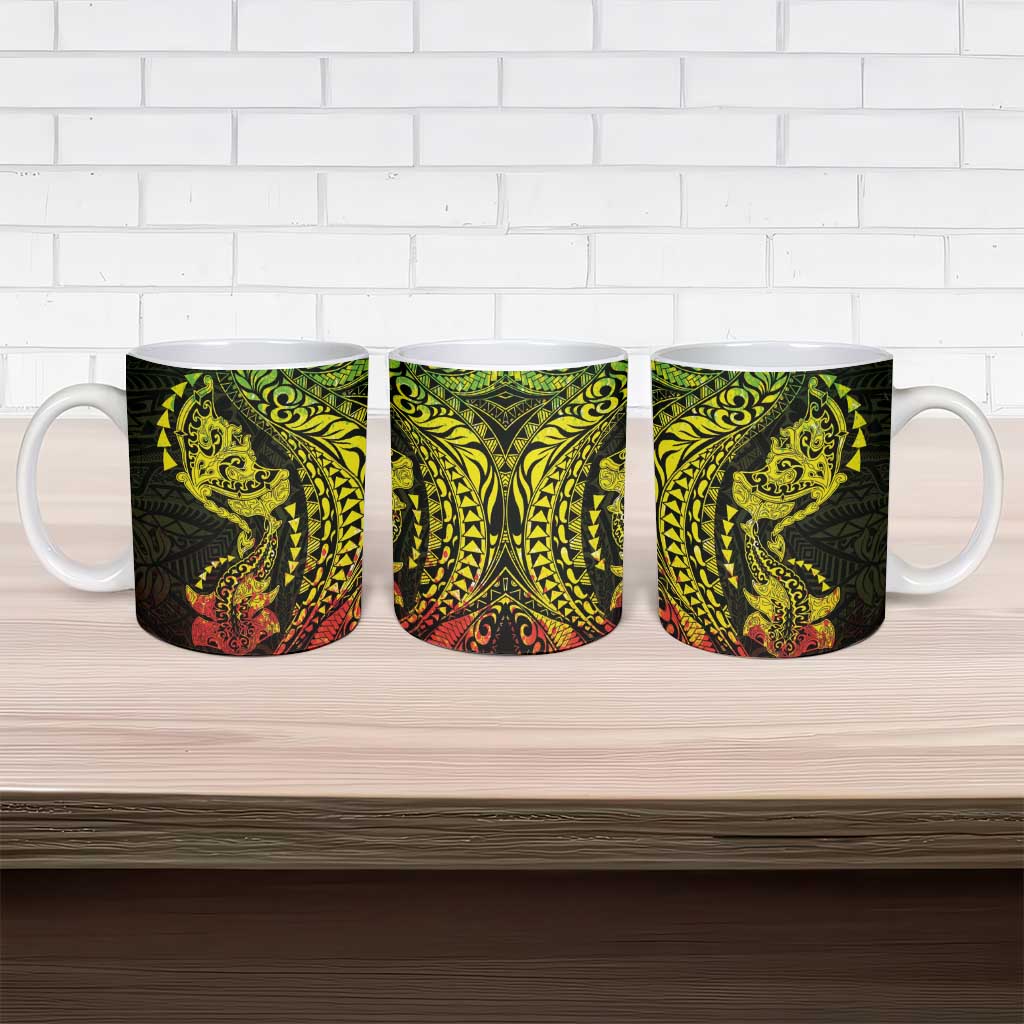 Hawaiian Manta Ray and Hammerhead Shark Tribal Tattoo Ceramic Mug with Polynesian Tribal Pattern Reggae Style