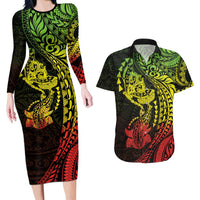 Hawaiian Manta Ray and Hammerhead Shark Tribal Tattoo Couples Matching Long Sleeve Bodycon Dress and Hawaiian Shirt with Polynesian Tribal Pattern Reggae Style LT03 Multicolor - Polynesian Pride
