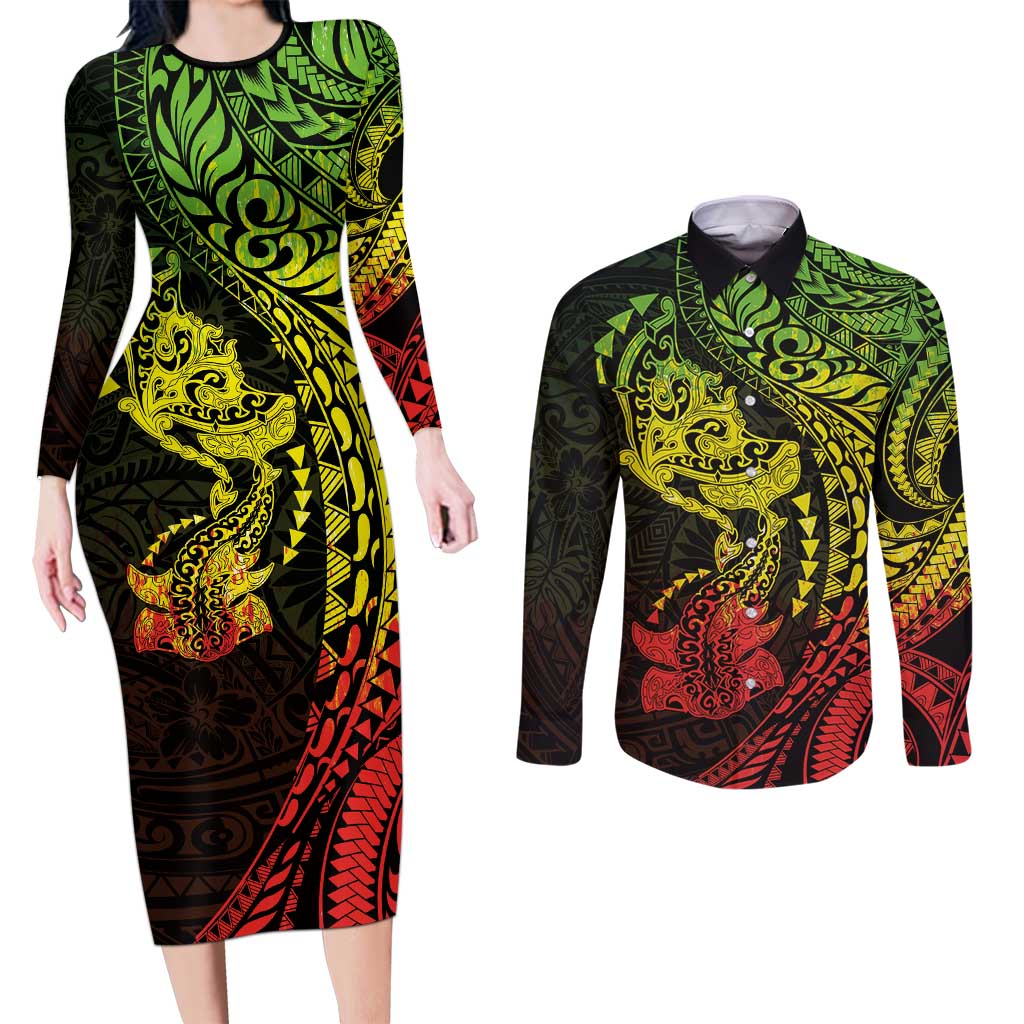 Hawaiian Manta Ray and Hammerhead Shark Tribal Tattoo Couples Matching Long Sleeve Bodycon Dress and Long Sleeve Button Shirt with Polynesian Tribal Pattern Reggae Style