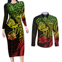Hawaiian Manta Ray and Hammerhead Shark Tribal Tattoo Couples Matching Long Sleeve Bodycon Dress and Long Sleeve Button Shirt with Polynesian Tribal Pattern Reggae Style LT03 Multicolor - Polynesian Pride
