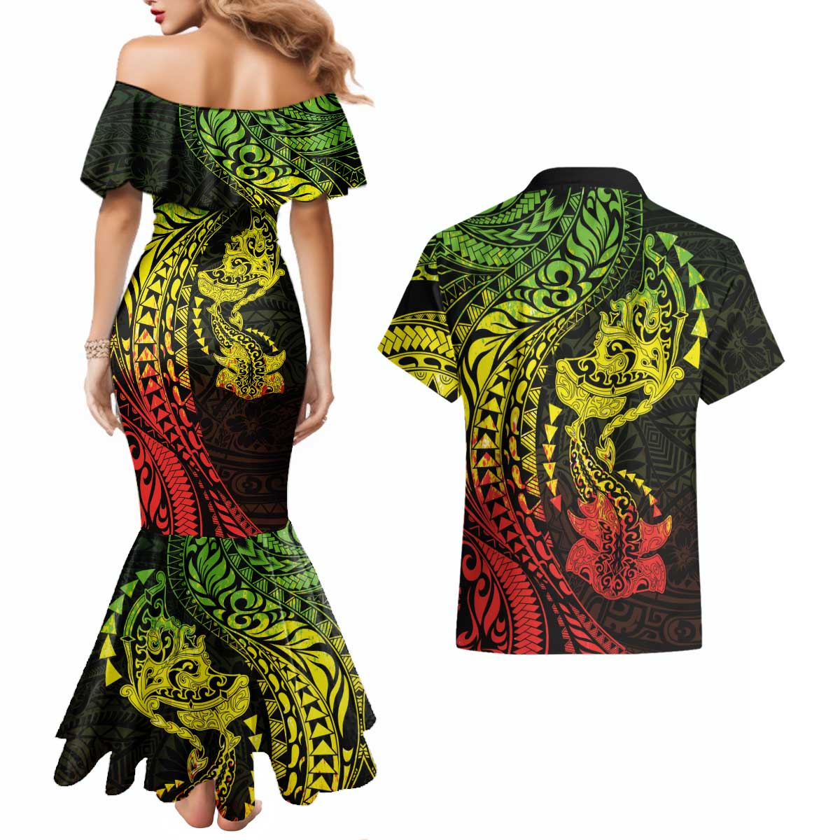 Hawaiian Manta Ray and Hammerhead Shark Tribal Tattoo Couples Matching Mermaid Dress and Hawaiian Shirt with Polynesian Tribal Pattern Reggae Style LT03 - Polynesian Pride