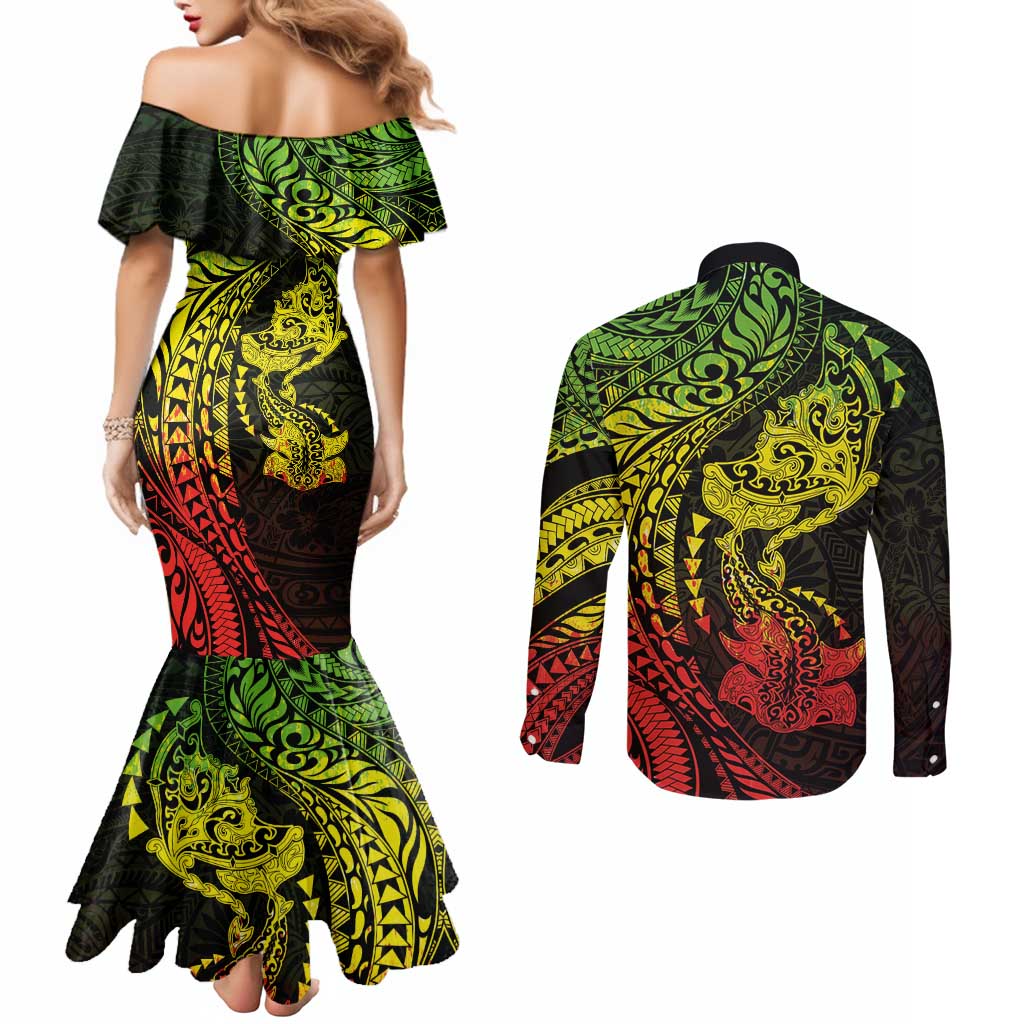 Hawaiian Manta Ray and Hammerhead Shark Tribal Tattoo Couples Matching Mermaid Dress and Long Sleeve Button Shirt with Polynesian Tribal Pattern Reggae Style LT03 - Polynesian Pride