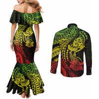 Hawaiian Manta Ray and Hammerhead Shark Tribal Tattoo Couples Matching Mermaid Dress and Long Sleeve Button Shirt with Polynesian Tribal Pattern Reggae Style LT03 - Polynesian Pride