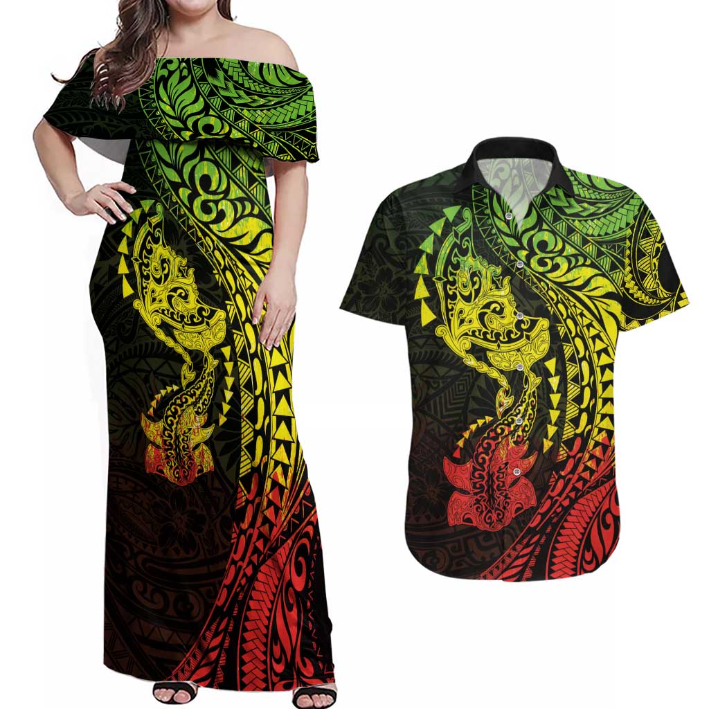 Hawaiian Manta Ray and Hammerhead Shark Tribal Tattoo Couples Matching Off Shoulder Maxi Dress and Hawaiian Shirt with Polynesian Tribal Pattern Reggae Style LT03 Multicolor - Polynesian Pride