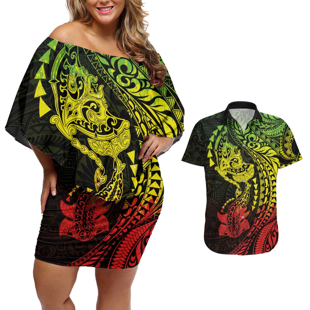Hawaiian Manta Ray and Hammerhead Shark Tribal Tattoo Couples Matching Off Shoulder Short Dress and Hawaiian Shirt with Polynesian Tribal Pattern Reggae Style LT03 Multicolor - Polynesian Pride