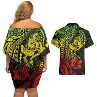 Hawaiian Manta Ray and Hammerhead Shark Tribal Tattoo Couples Matching Off Shoulder Short Dress and Hawaiian Shirt with Polynesian Tribal Pattern Reggae Style LT03 - Polynesian Pride