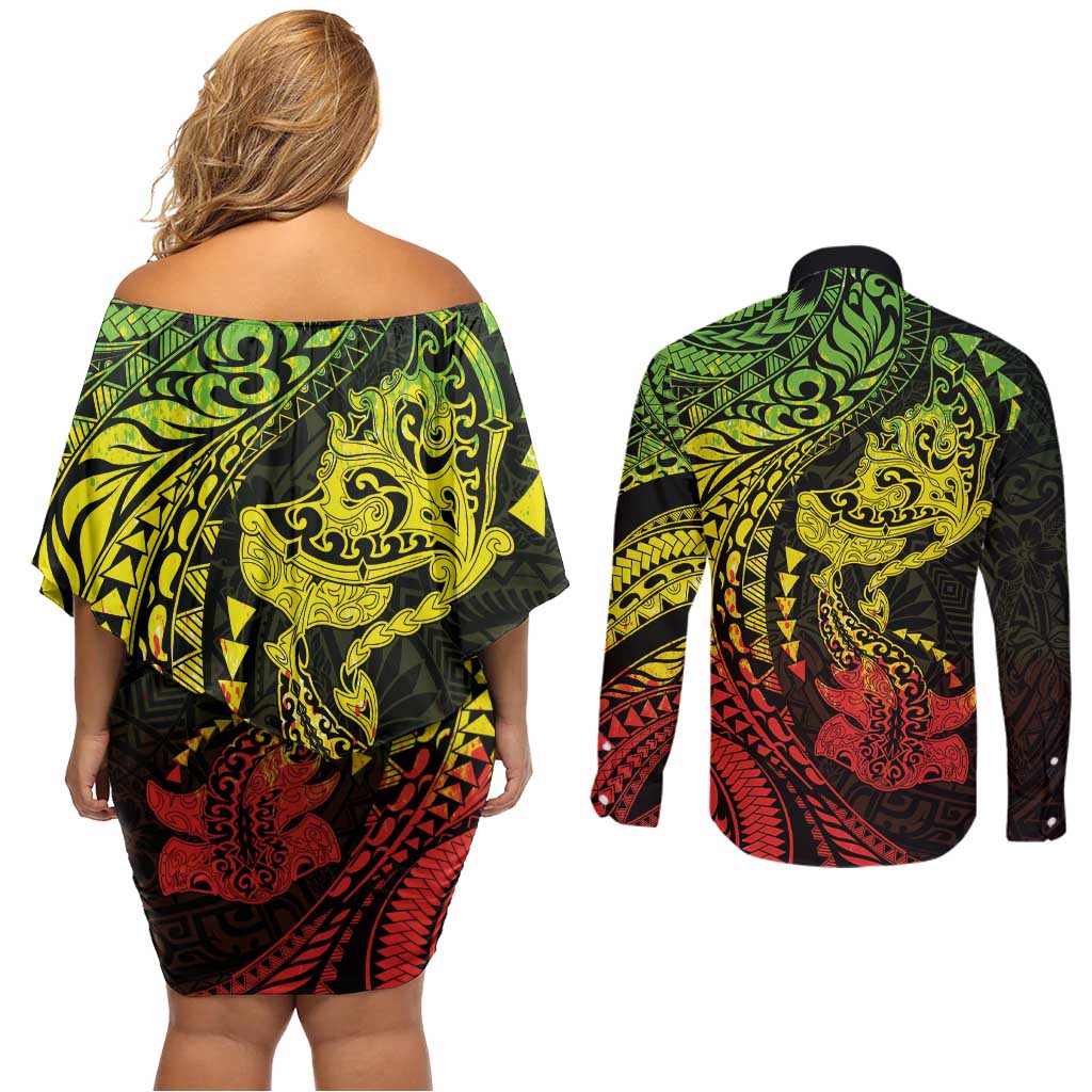 Hawaiian Manta Ray and Hammerhead Shark Tribal Tattoo Couples Matching Off Shoulder Short Dress and Long Sleeve Button Shirt with Polynesian Tribal Pattern Reggae Style