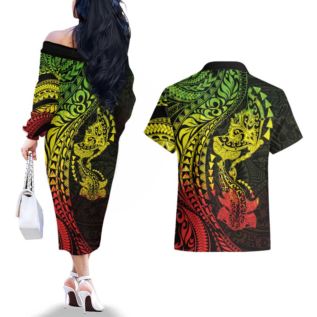 Hawaiian Manta Ray and Hammerhead Shark Tribal Tattoo Couples Matching Off The Shoulder Long Sleeve Dress and Hawaiian Shirt with Polynesian Tribal Pattern Reggae Style LT03 - Polynesian Pride