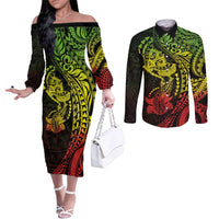 Hawaiian Manta Ray and Hammerhead Shark Tribal Tattoo Couples Matching Off The Shoulder Long Sleeve Dress and Long Sleeve Button Shirt with Polynesian Tribal Pattern Reggae Style LT03 Multicolor - Polynesian Pride