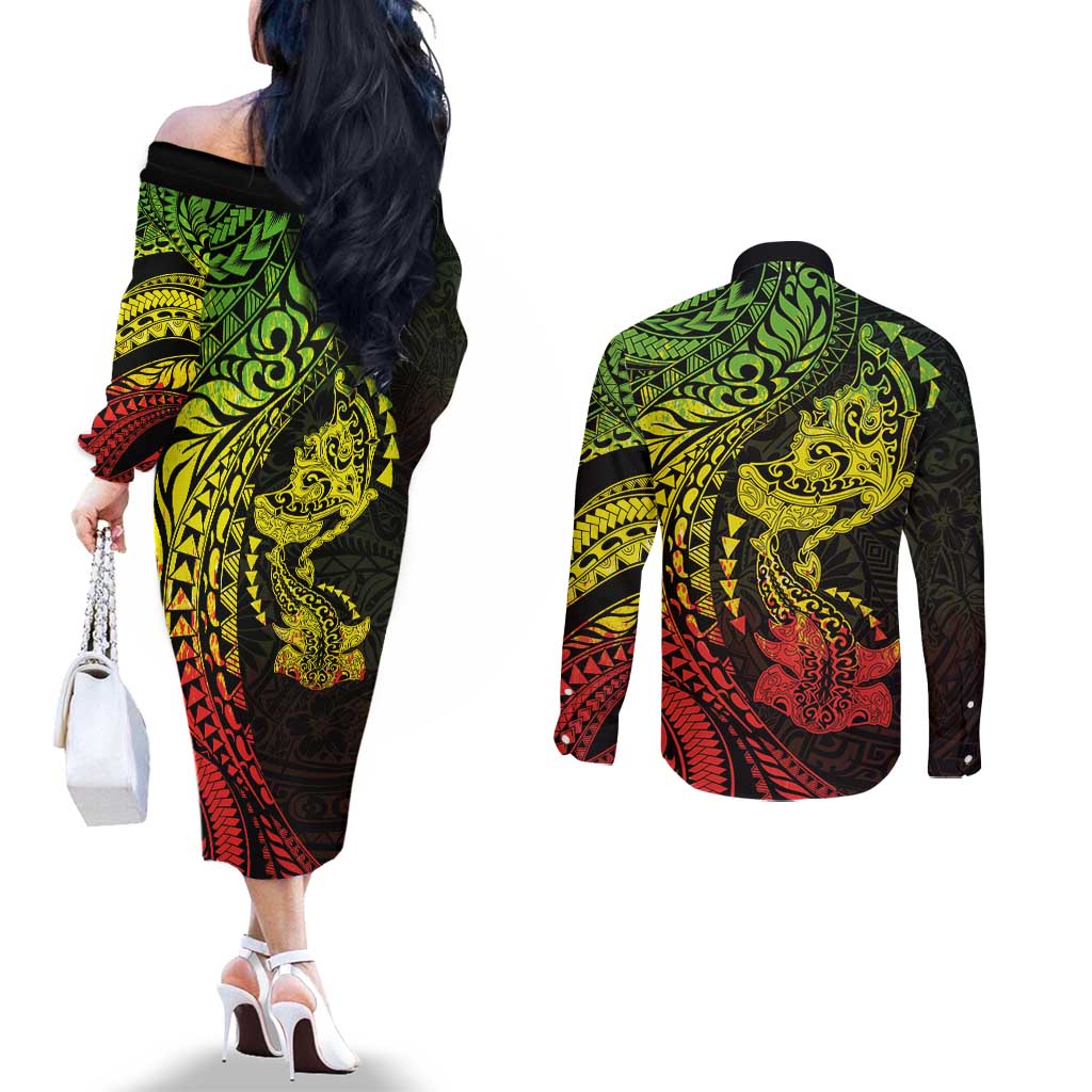Hawaiian Manta Ray and Hammerhead Shark Tribal Tattoo Couples Matching Off The Shoulder Long Sleeve Dress and Long Sleeve Button Shirt with Polynesian Tribal Pattern Reggae Style LT03 - Polynesian Pride