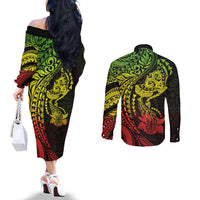 Hawaiian Manta Ray and Hammerhead Shark Tribal Tattoo Couples Matching Off The Shoulder Long Sleeve Dress and Long Sleeve Button Shirt with Polynesian Tribal Pattern Reggae Style LT03 - Polynesian Pride