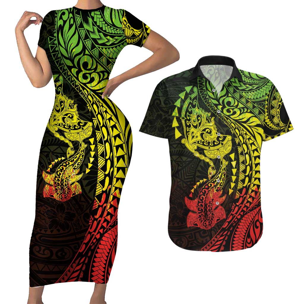 Hawaiian Manta Ray and Hammerhead Shark Tribal Tattoo Couples Matching Short Sleeve Bodycon Dress and Hawaiian Shirt with Polynesian Tribal Pattern Reggae Style