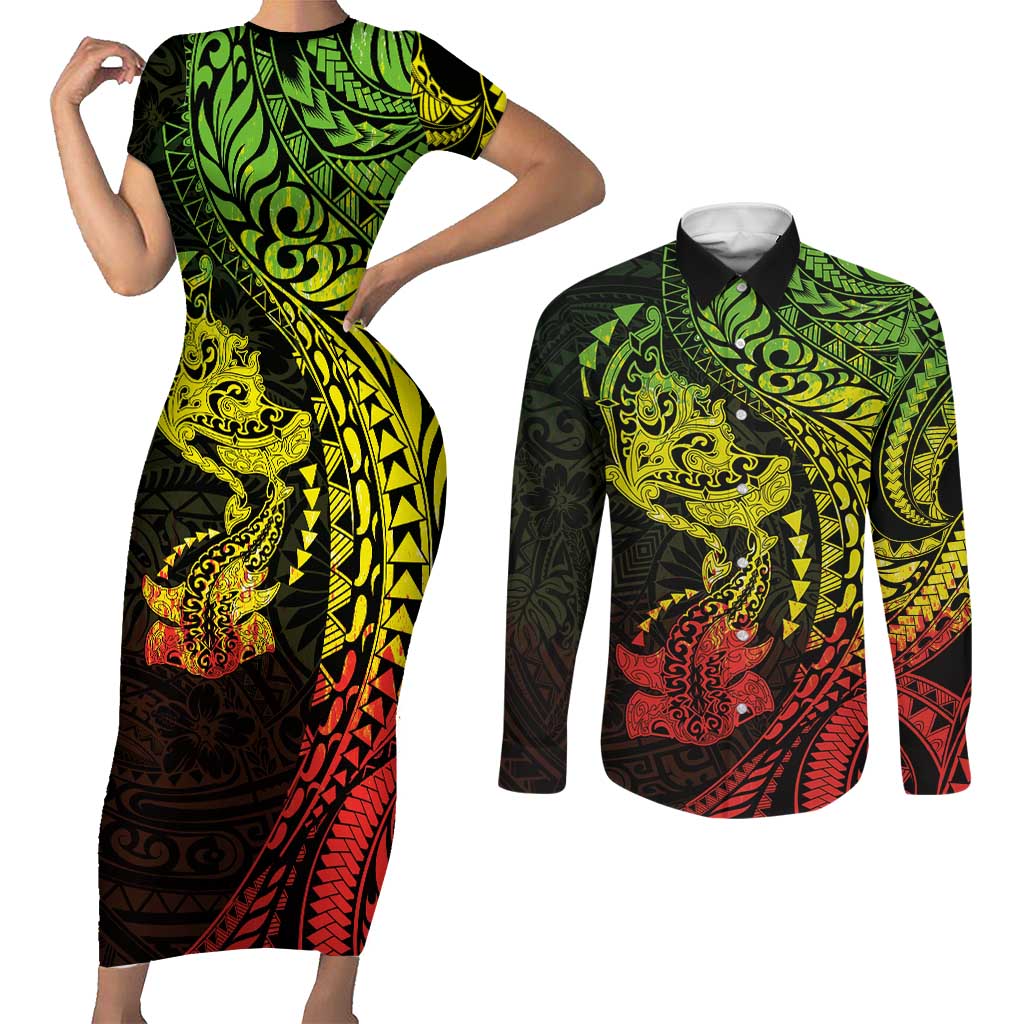Hawaiian Manta Ray and Hammerhead Shark Tribal Tattoo Couples Matching Short Sleeve Bodycon Dress and Long Sleeve Button Shirt with Polynesian Tribal Pattern Reggae Style