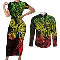 Hawaiian Manta Ray and Hammerhead Shark Tribal Tattoo Couples Matching Short Sleeve Bodycon Dress and Long Sleeve Button Shirt with Polynesian Tribal Pattern Reggae Style LT03 Multicolor - Polynesian Pride