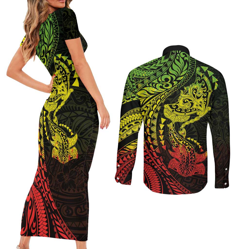 Hawaiian Manta Ray and Hammerhead Shark Tribal Tattoo Couples Matching Short Sleeve Bodycon Dress and Long Sleeve Button Shirt with Polynesian Tribal Pattern Reggae Style LT03 - Polynesian Pride