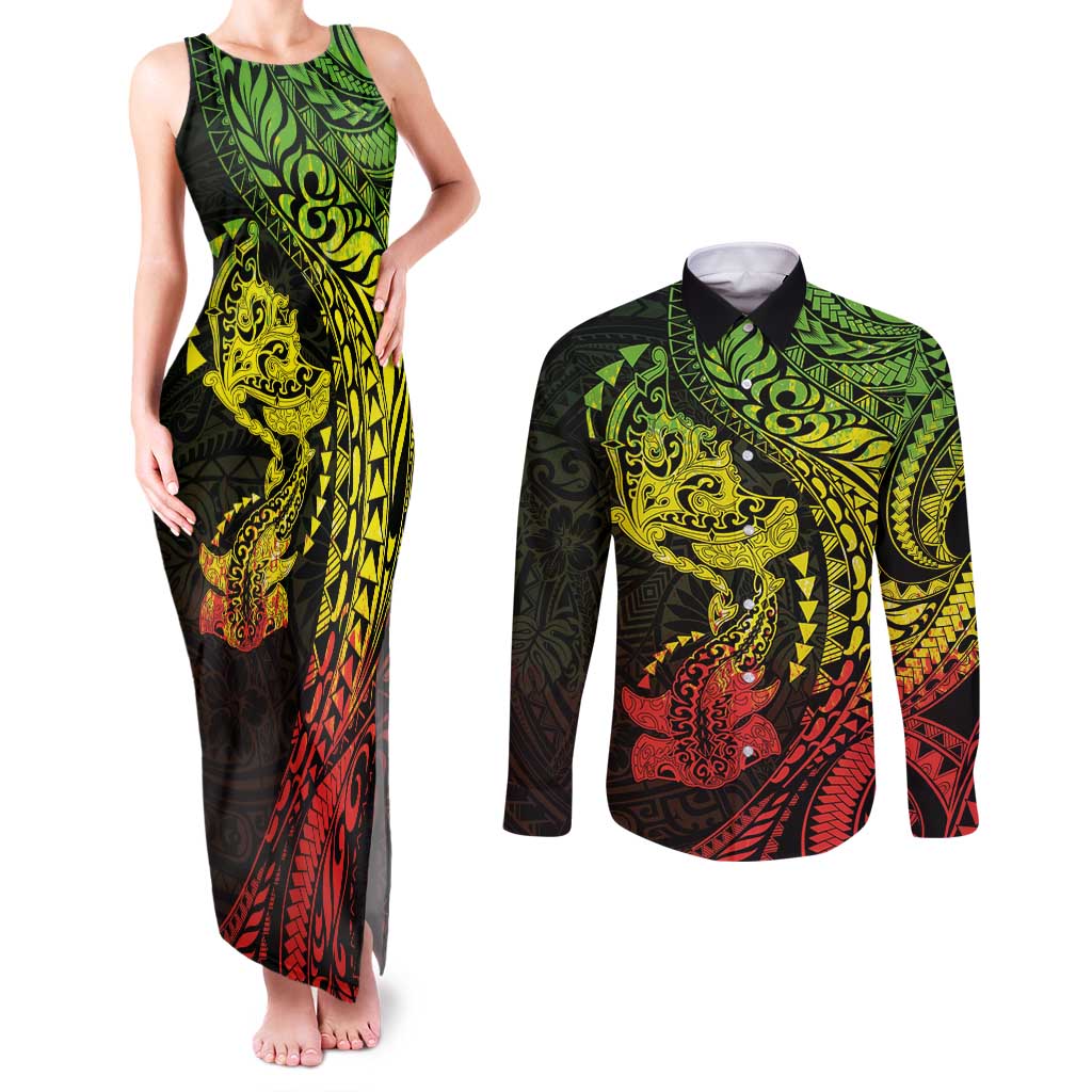 Hawaiian Manta Ray and Hammerhead Shark Tribal Tattoo Couples Matching Tank Maxi Dress and Long Sleeve Button Shirt with Polynesian Tribal Pattern Reggae Style LT03 Multicolor - Polynesian Pride
