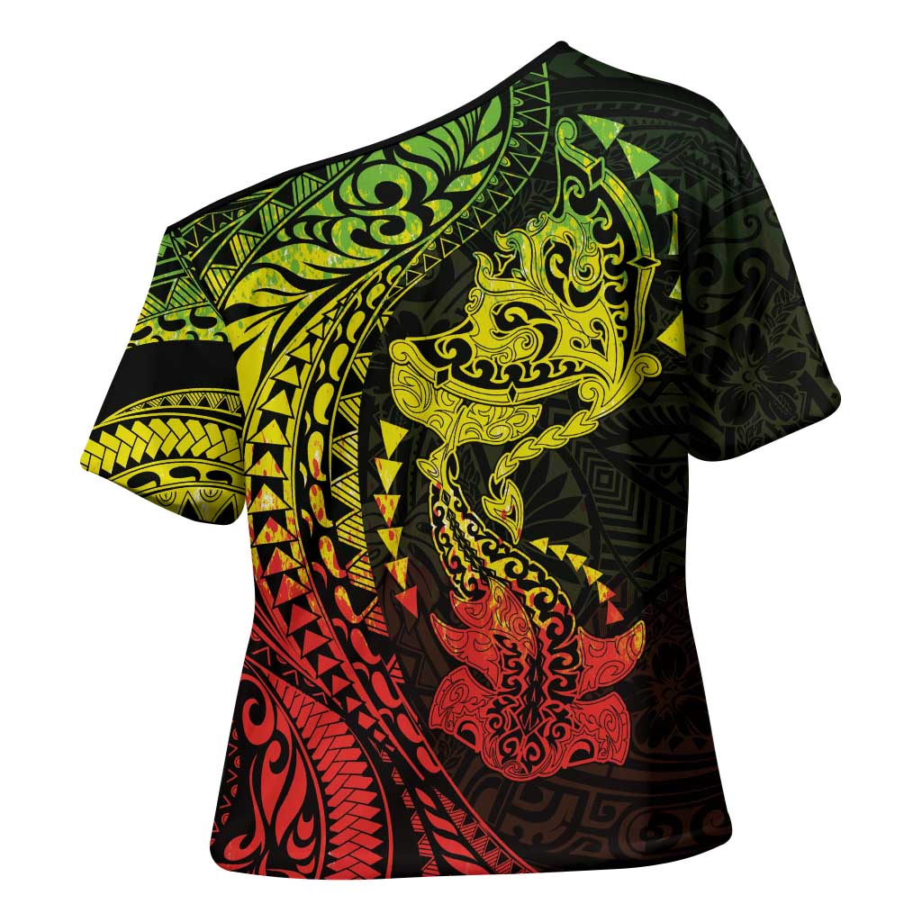 Hawaiian Manta Ray and Hammerhead Shark Tribal Tattoo Cross Shoulder Shirt with Polynesian Tribal Pattern Reggae Style
