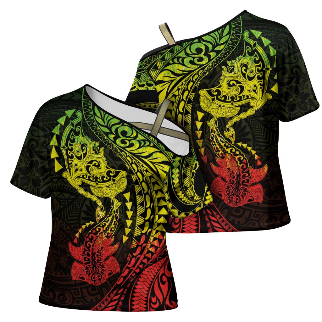 Hawaiian Manta Ray and Hammerhead Shark Tribal Tattoo Cross Shoulder Shirt with Polynesian Tribal Pattern Reggae Style